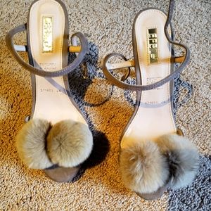 Tan Ankle strap pom pom high heels.